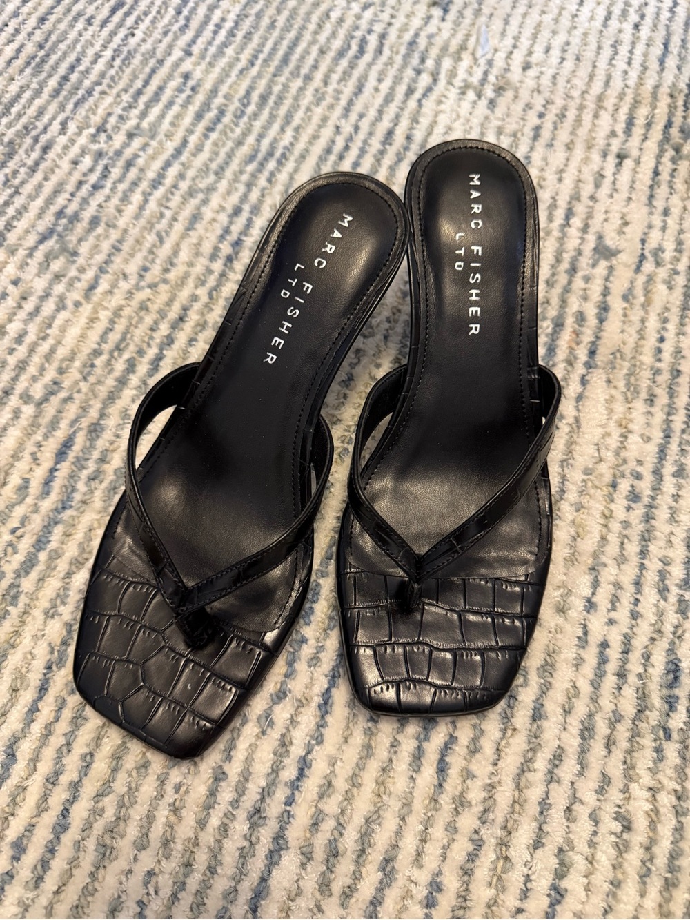 Marc Fisher Black Croc-Texture Square-Toe Thong Mules - Picture 10 of 10